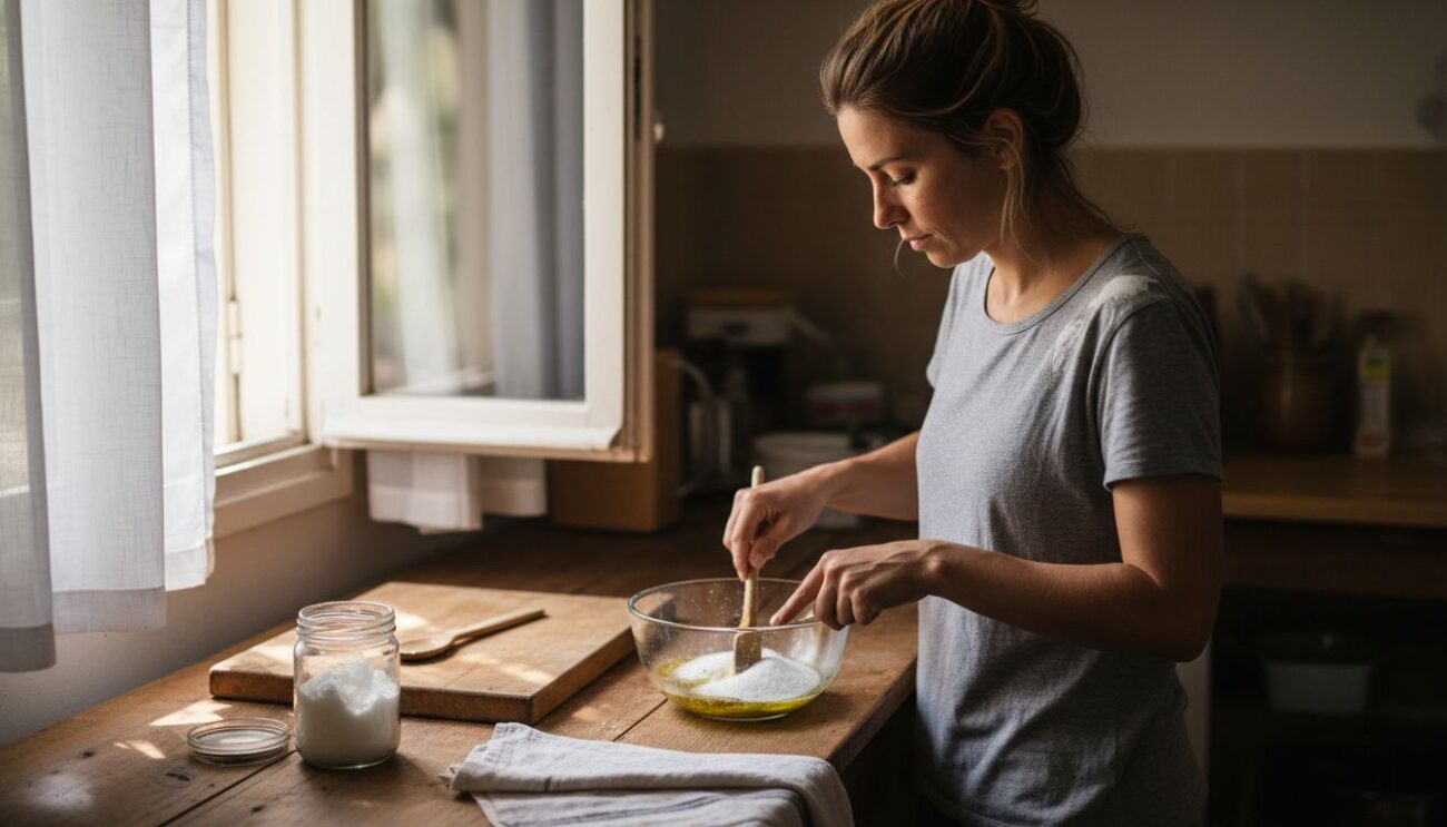 Woman mixing natural body scrub at kitchen counter