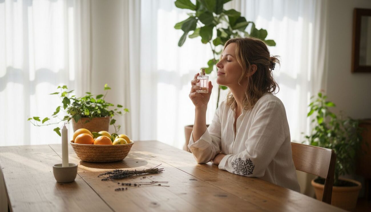 Woman enjoying natural fragrance at home table