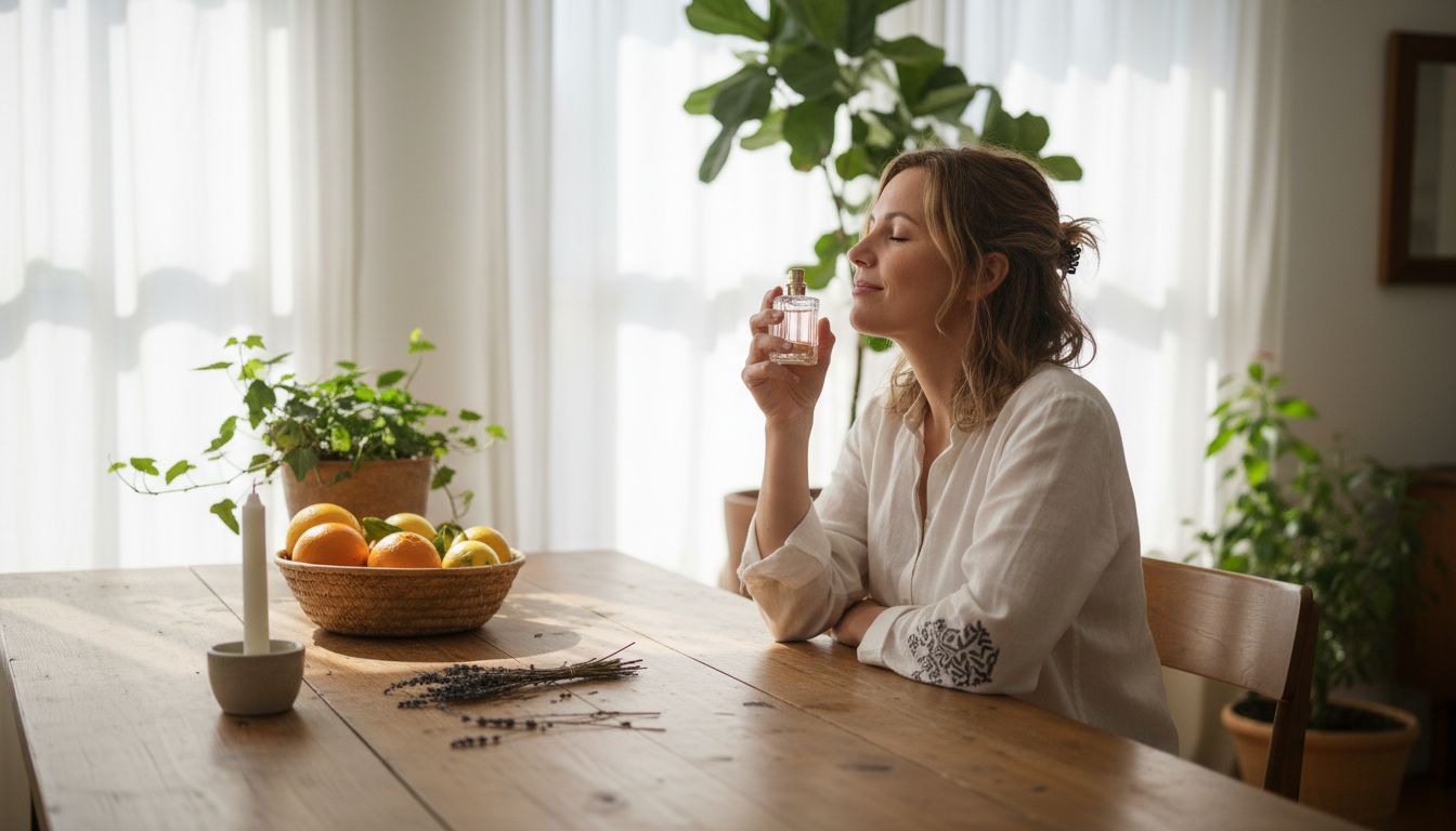 Woman enjoying natural fragrance at home table