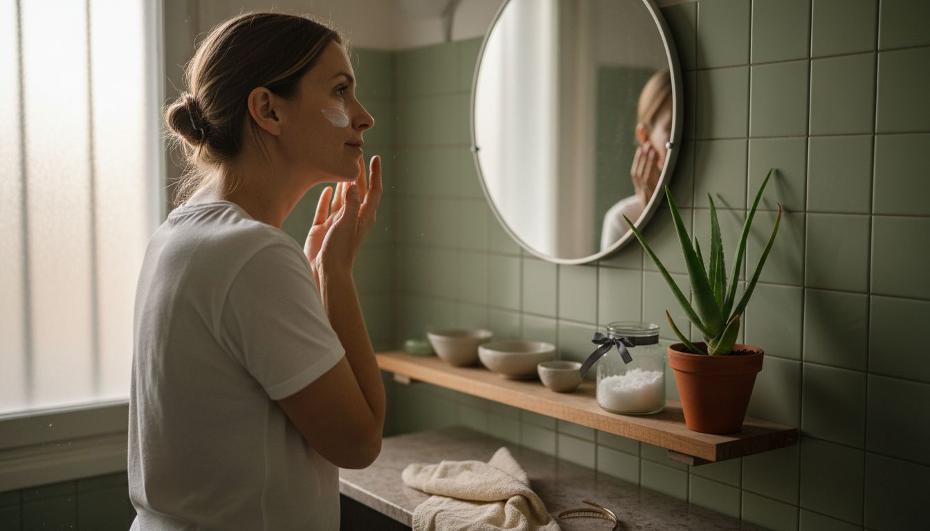 Woman applies natural skincare in bright bathroom