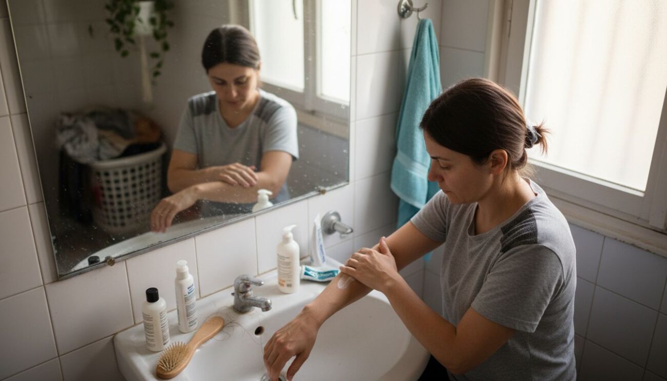 Woman applying moisturizer in home bathroom