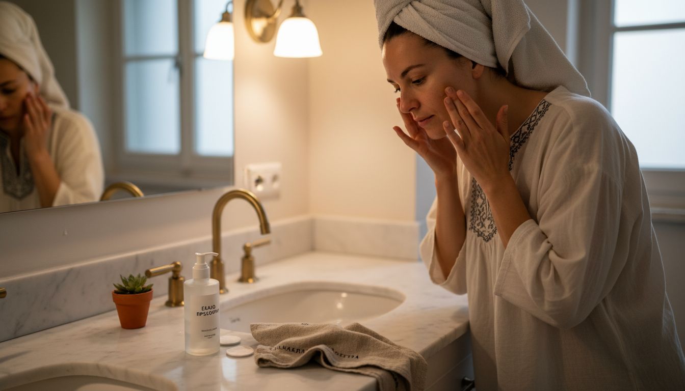 Μια γυναίκα αφαιρεί απαλά το μακιγιάζ της χρησιμοποιώντας λάδι, προσφέροντας έτσι στο δέρμα της φροντίδα και ενυδάτωση.