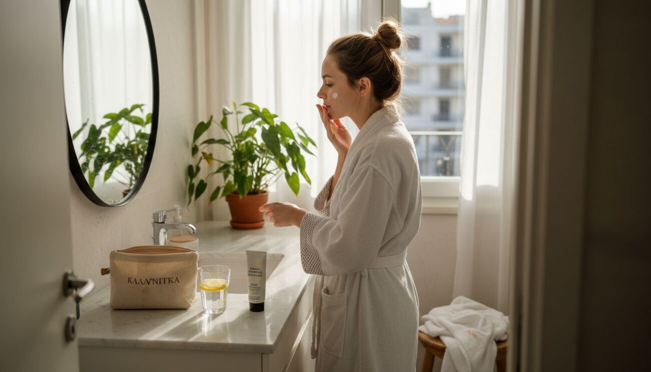 Μια γυναίκα περιποιείται το πρόσωπό της με vegan προϊόντα ομορφιάς μπροστά στον νιπτήρα του μπάνιου της.