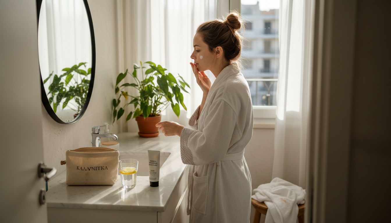 Μια γυναίκα περιποιείται το πρόσωπό της με vegan προϊόντα ομορφιάς μπροστά στον νιπτήρα του μπάνιου της.