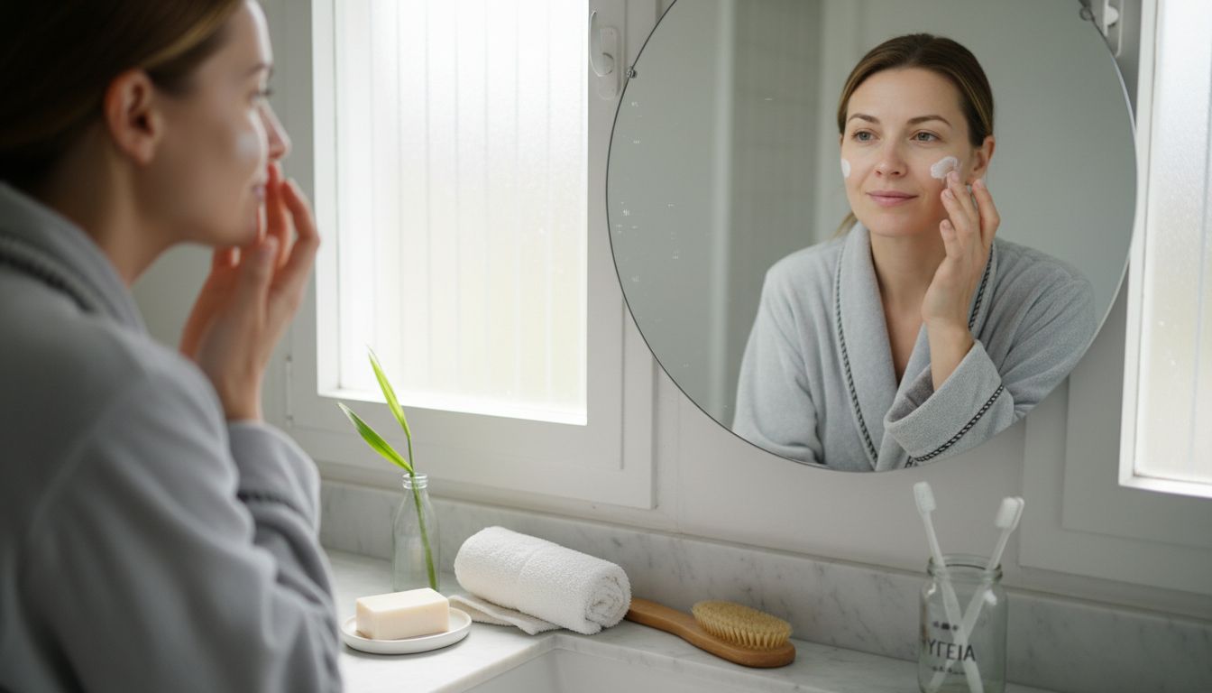 Μια γυναίκα απλώνει ενυδατική κρέμα στο πρόσωπό της, λουσμένη από το φως του ήλιου στο μπάνιο της.