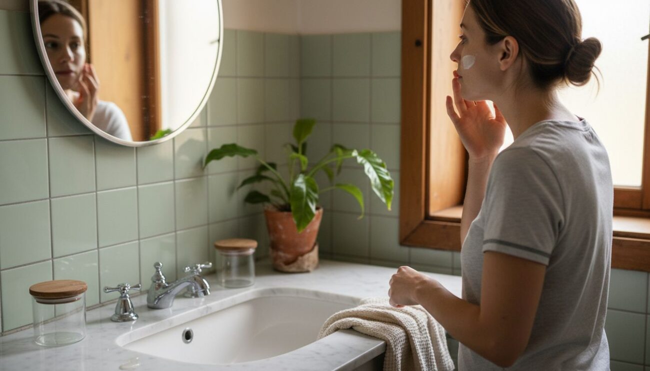Woman using eco-friendly skincare in sunny bathroom