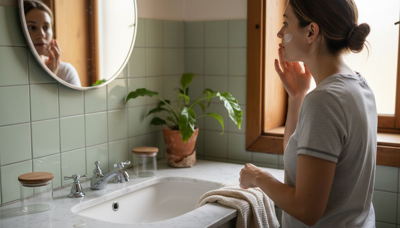 Woman using eco-friendly skincare in sunny bathroom