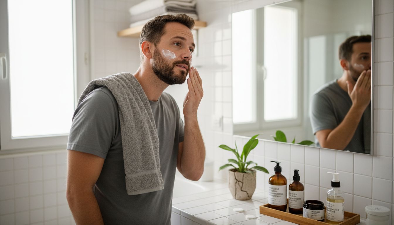 Ένας άνδρας φροντίζει το δέρμα του μπροστά στον καθρέφτη, σε ένα φωτεινό μπάνιο.