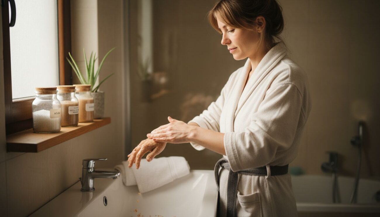 Μια γυναίκα περιποιείται το σώμα της με απολεπιστικό προϊόν στο νιπτήρα του μπάνιου της.
