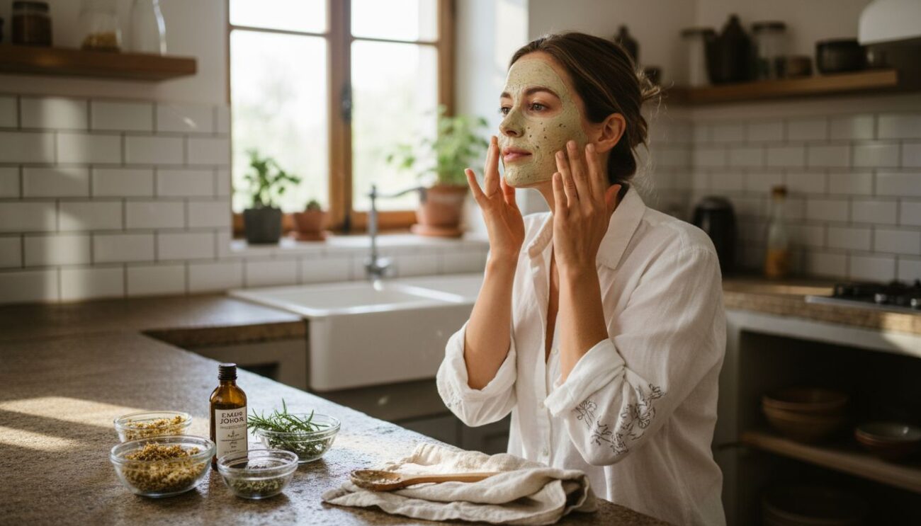 Γυναίκα φτιάχνει και εφαρμόζει φυσική μάσκα προσώπου με βότανα στην κουζίνα της.