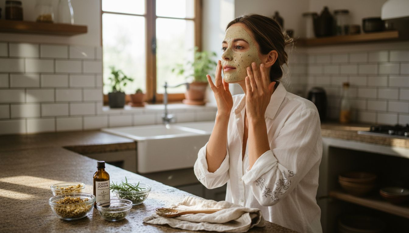 Γυναίκα φτιάχνει και εφαρμόζει φυσική μάσκα προσώπου με βότανα στην κουζίνα της.