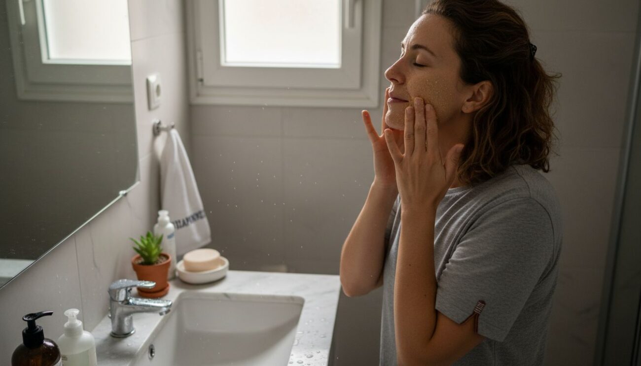 Γυναίκα περιποιείται απαλά το πρόσωπό της με απολεπιστικό στο σπίτι