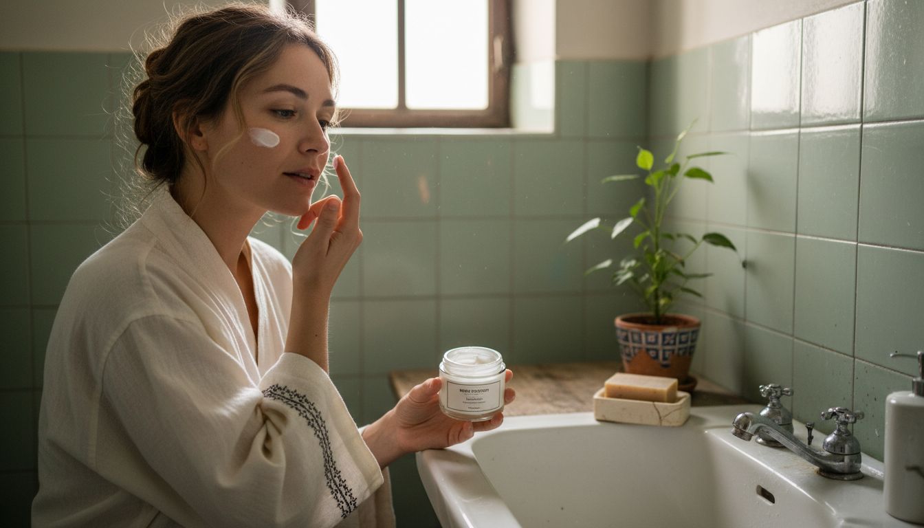 Γυναίκα φροντίζει το δέρμα της στο σπίτι με φυσική κρέμα περιποίησης