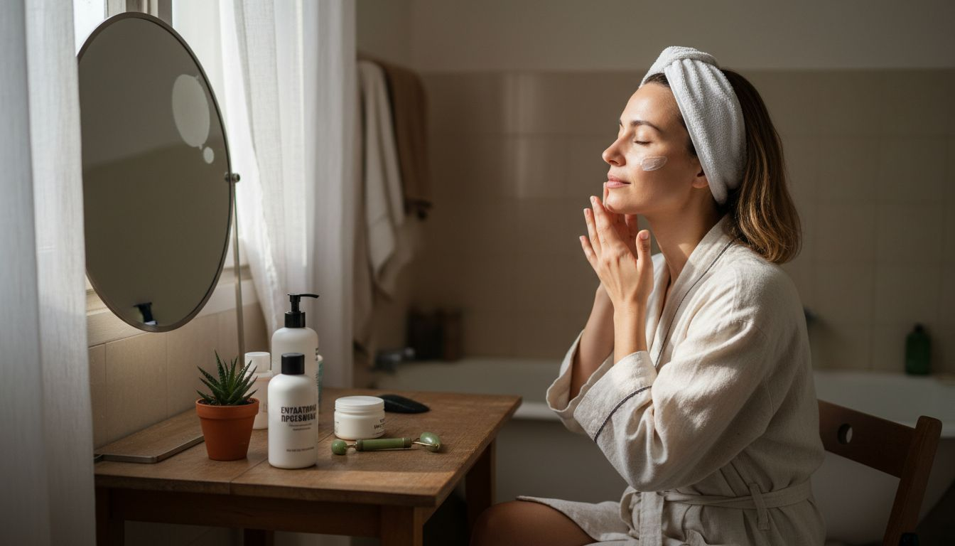 Μια γυναίκα αφιερώνει χρόνο στον εαυτό της, εφαρμόζοντας βιολογικά προϊόντα περιποίησης μπροστά στον καθρέφτη της.