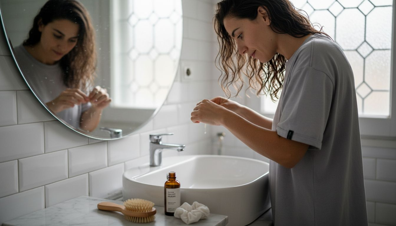 Μια γυναίκα απλώνει φυσικό λάδι στα μαλλιά της για να τα φροντίσει και να τους χαρίσει λάμψη.