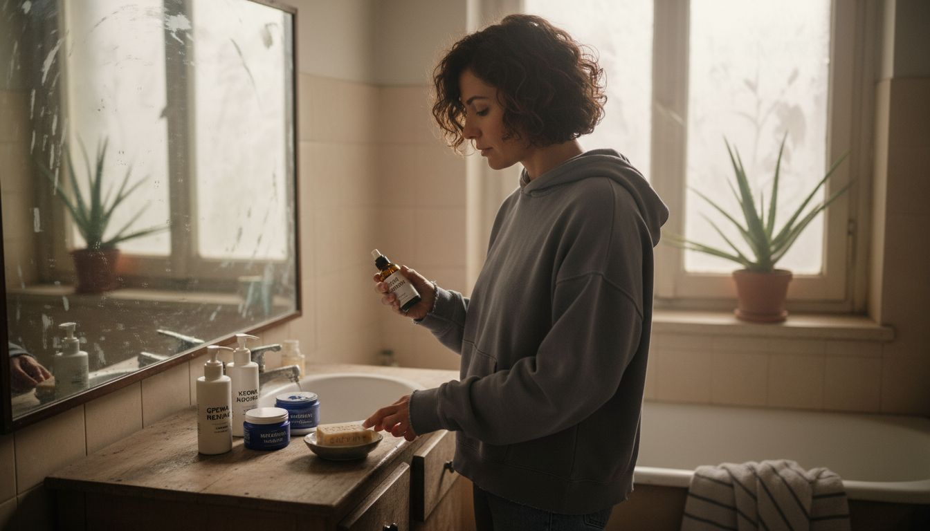 Μια γυναίκα εξετάζει προσεκτικά τα vegan καλλυντικά της στο μπάνιο, ψάχνοντας τα πιο κατάλληλα για τη φροντίδα της επιδερμίδας της.