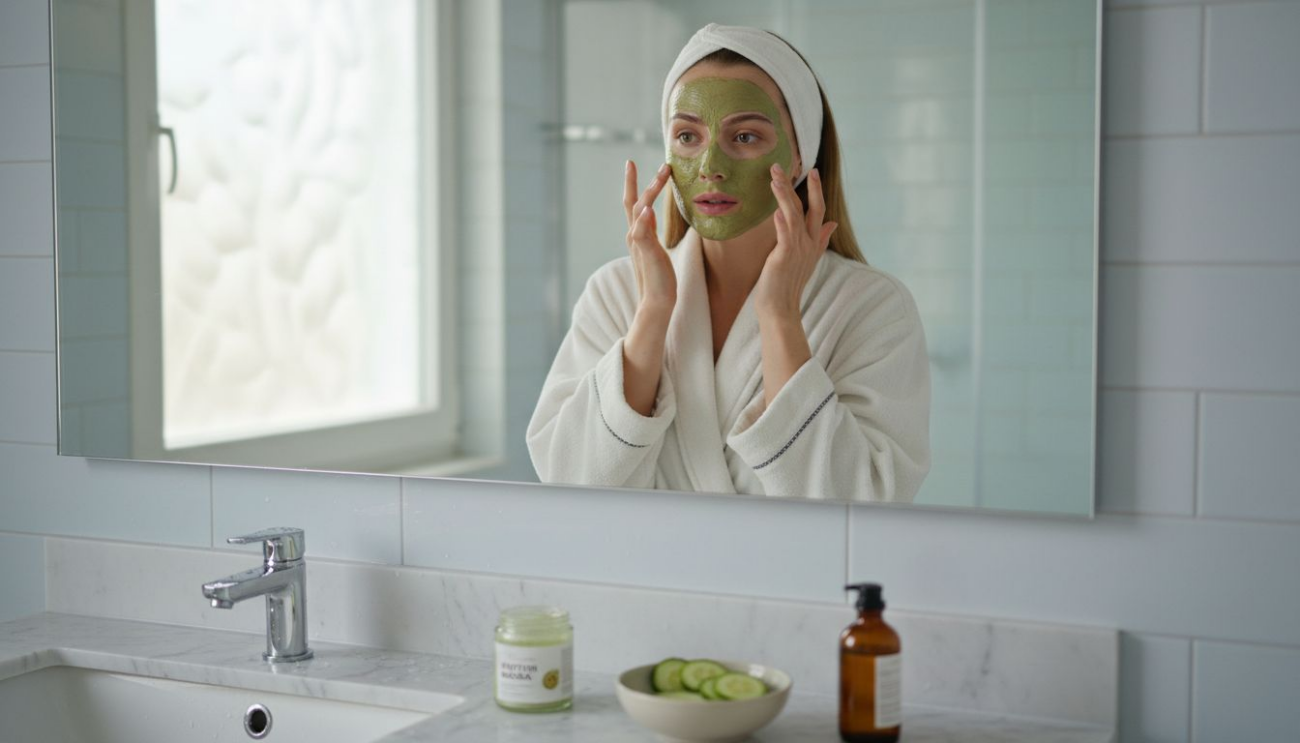 Νέα γυναίκα ξεκινά τη μέρα της εφαρμόζοντας μια vegan μάσκα προσώπου στο μπάνιο της.
