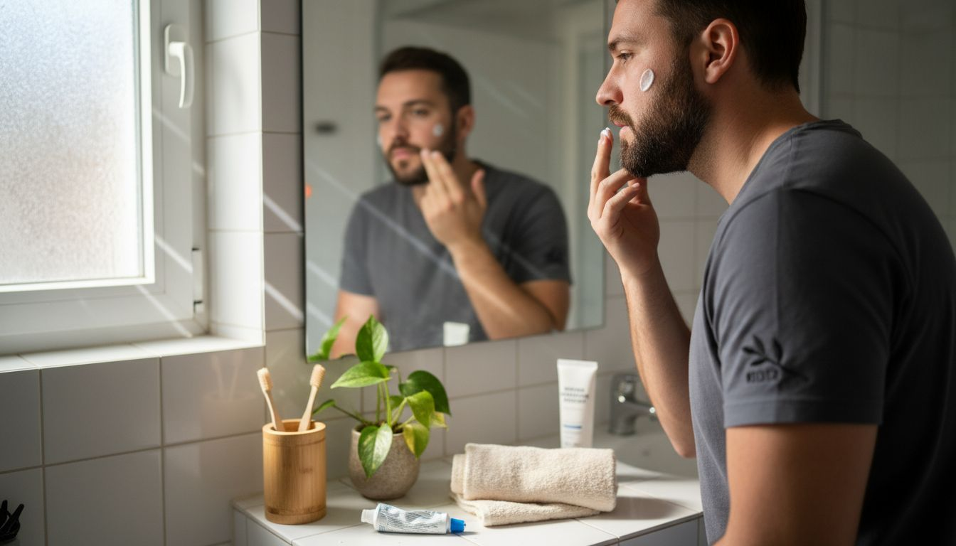 Ένας άνδρας περιποιείται το πρόσωπό του στο μπάνιο, χρησιμοποιώντας φυτικά, vegan καλλυντικά.