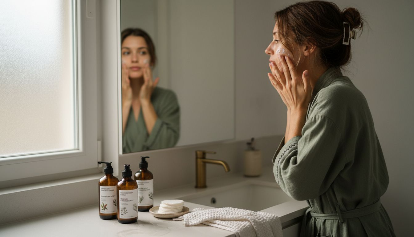 Μια γυναίκα περιποιείται το πρόσωπό της με φυσικά, φυτικά καλλυντικά, απολαμβάνοντας το φως που πλημμυρίζει το μπάνιο της.