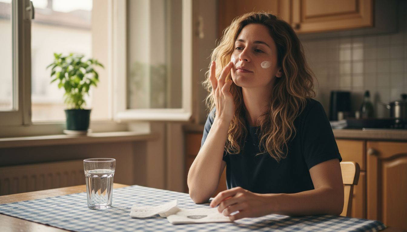 Μια γυναίκα απλώνει κρέμα στο ευαίσθητο δέρμα της, φροντίζοντας να το προστατέψει και να το ενυδατώσει.