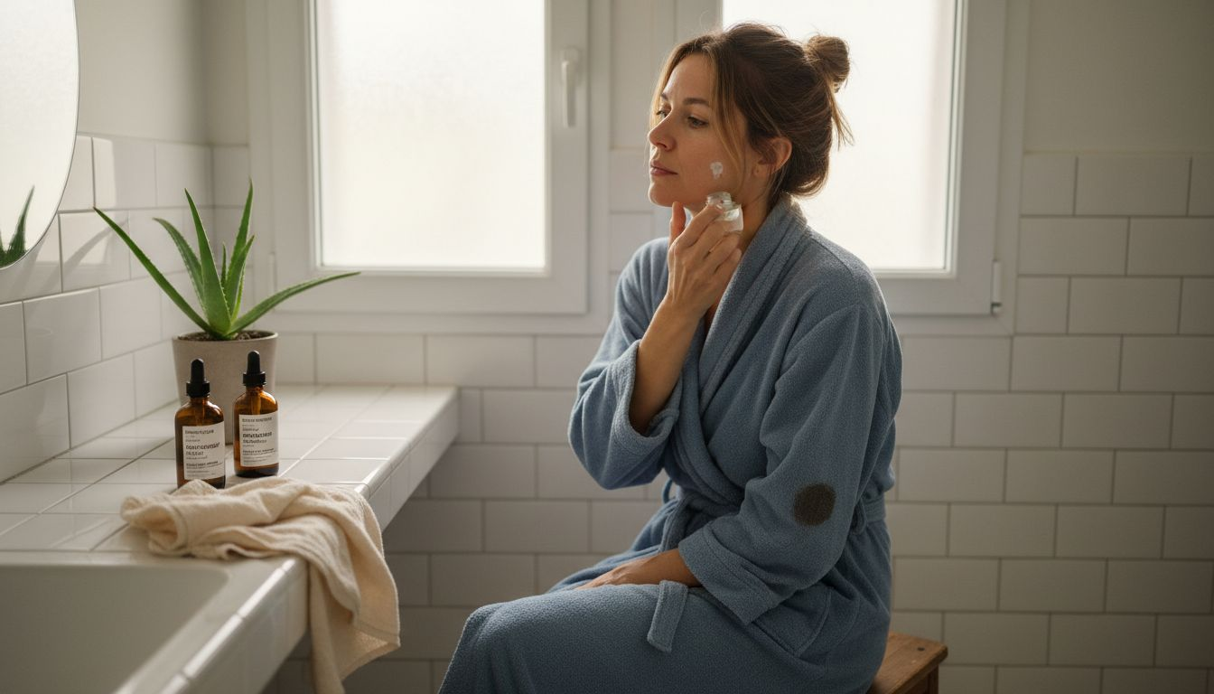 Μια γυναίκα περιποιείται το δέρμα της με vegan προϊόντα στο μπάνιο της.