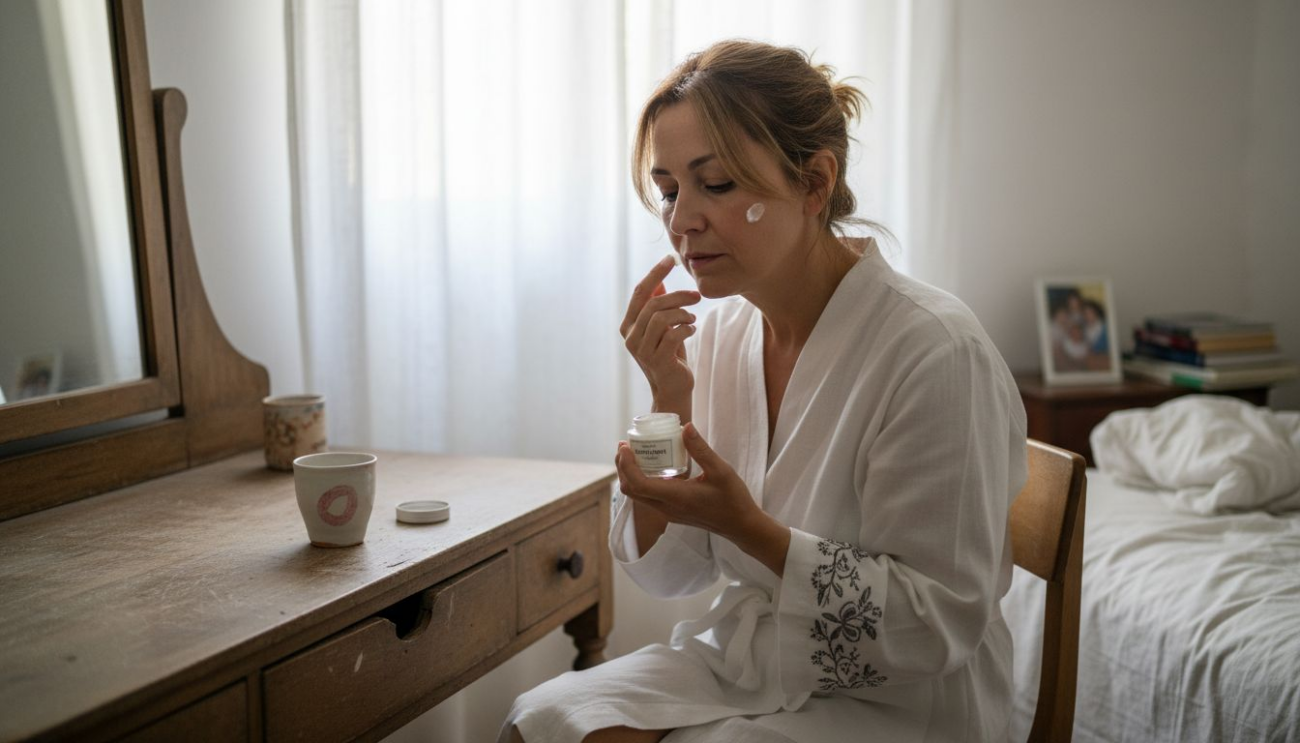 Μια γυναίκα περιποιείται το δέρμα της στο σπίτι, εφαρμόζοντας κρέμα με φυσικά συστατικά.