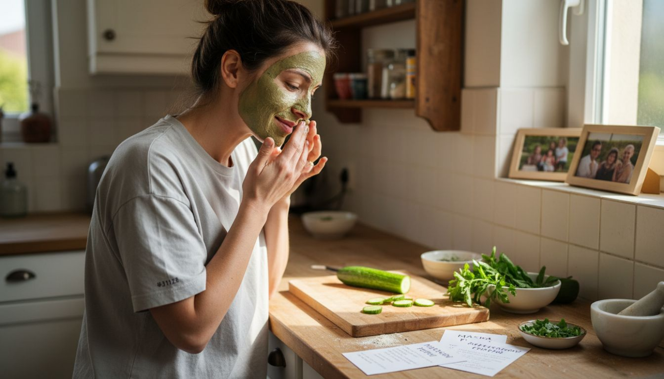Μια γυναίκα φροντίζει το πρόσωπό της στο σπίτι, εφαρμόζοντας φυσική μάσκα ομορφιάς.