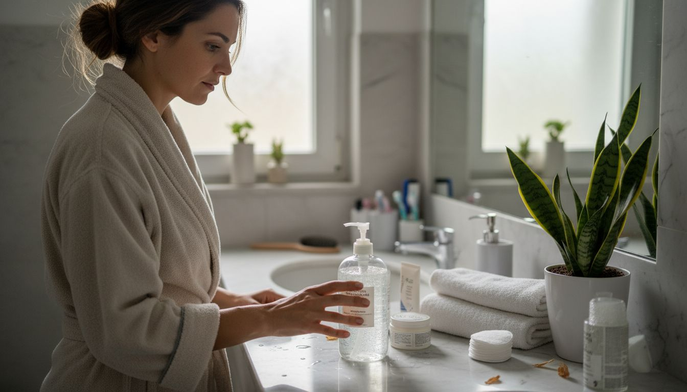 Μια γυναίκα στέκεται μπροστά στον πάγκο των καλλυντικών, προσπαθώντας να αποφασίσει ποιο καθαριστικό προσώπου ταιριάζει καλύτερα στις ανάγκες της.
