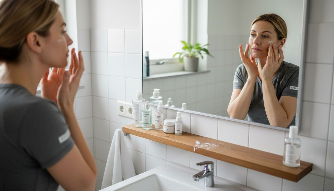 Μια γυναίκα απλώνει την ενυδατική της κρέμα μπροστά στον καθρέφτη.