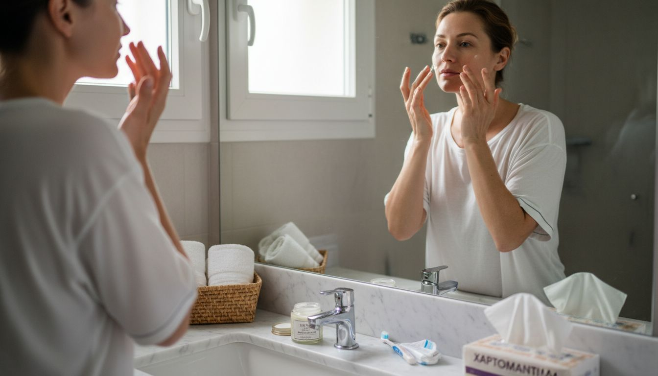 Μια γυναίκα απλώνει στο πρόσωπό της φυσικά καλλυντικά προϊόντα, προσέχοντας να φροντίζει την επιδερμίδα της με αγνά υλικά.