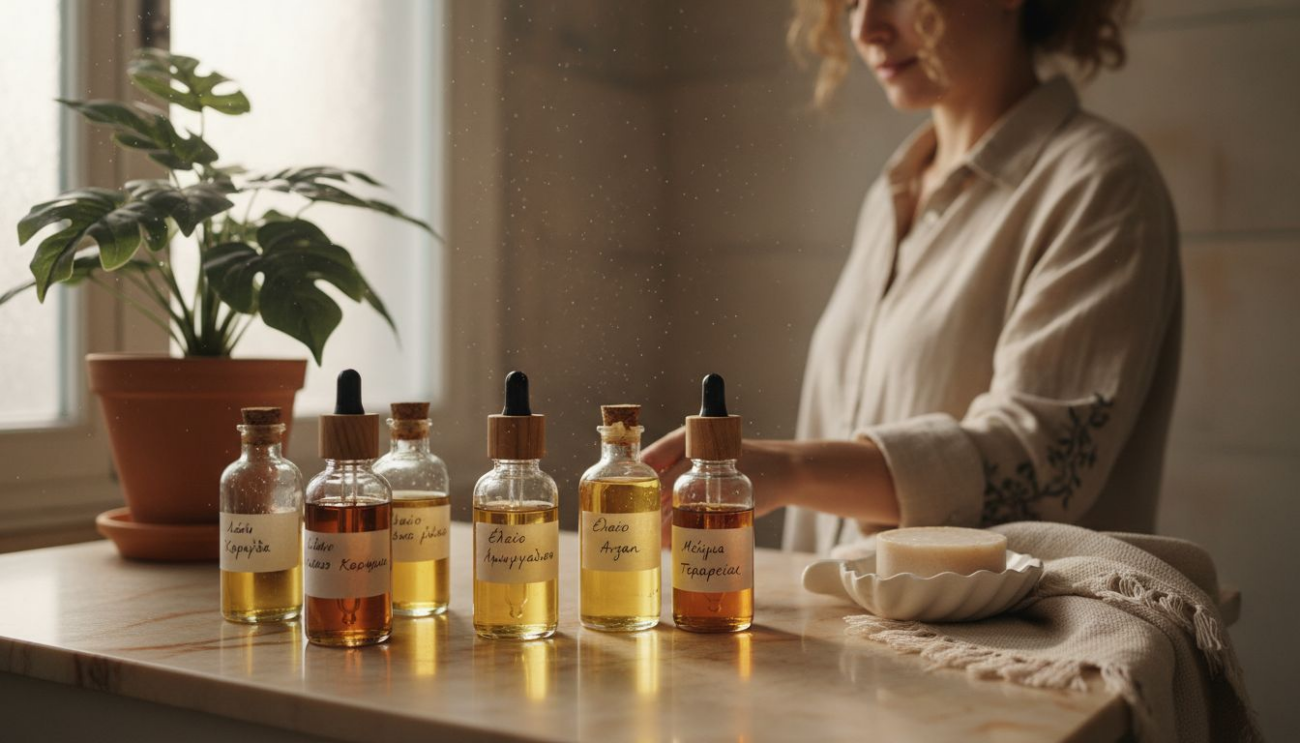 Διάφορα μπουκάλια με φυσικά έλαια τοποθετημένα σε μαρμάρινο πάγκο.