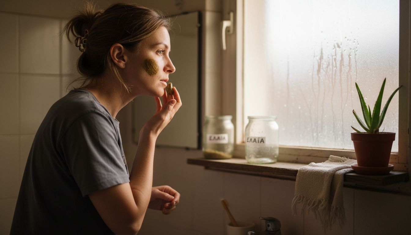 Μια γυναίκα φροντίζει το δέρμα της με φυσικά καλλυντικά στο μπάνιο της.