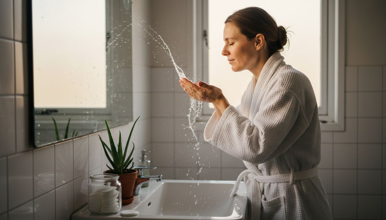 Μια γυναίκα πλένει το πρόσωπό της στο μπάνιο, με το φως του ήλιου να γεμίζει το χώρο.