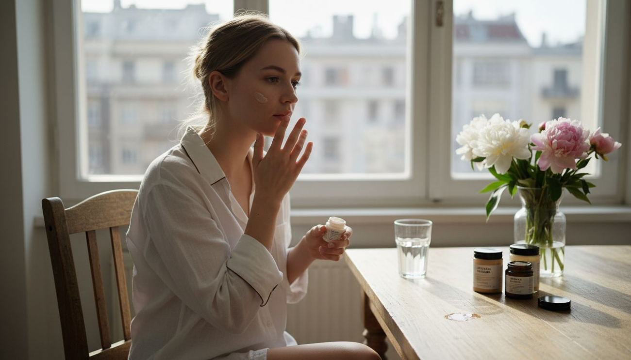 Μια γυναίκα απλώνει φυσική ενυδατική κρέμα στο πρόσωπό της.
