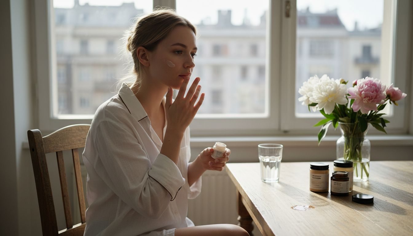 Μια γυναίκα απλώνει φυσική ενυδατική κρέμα στο πρόσωπό της.