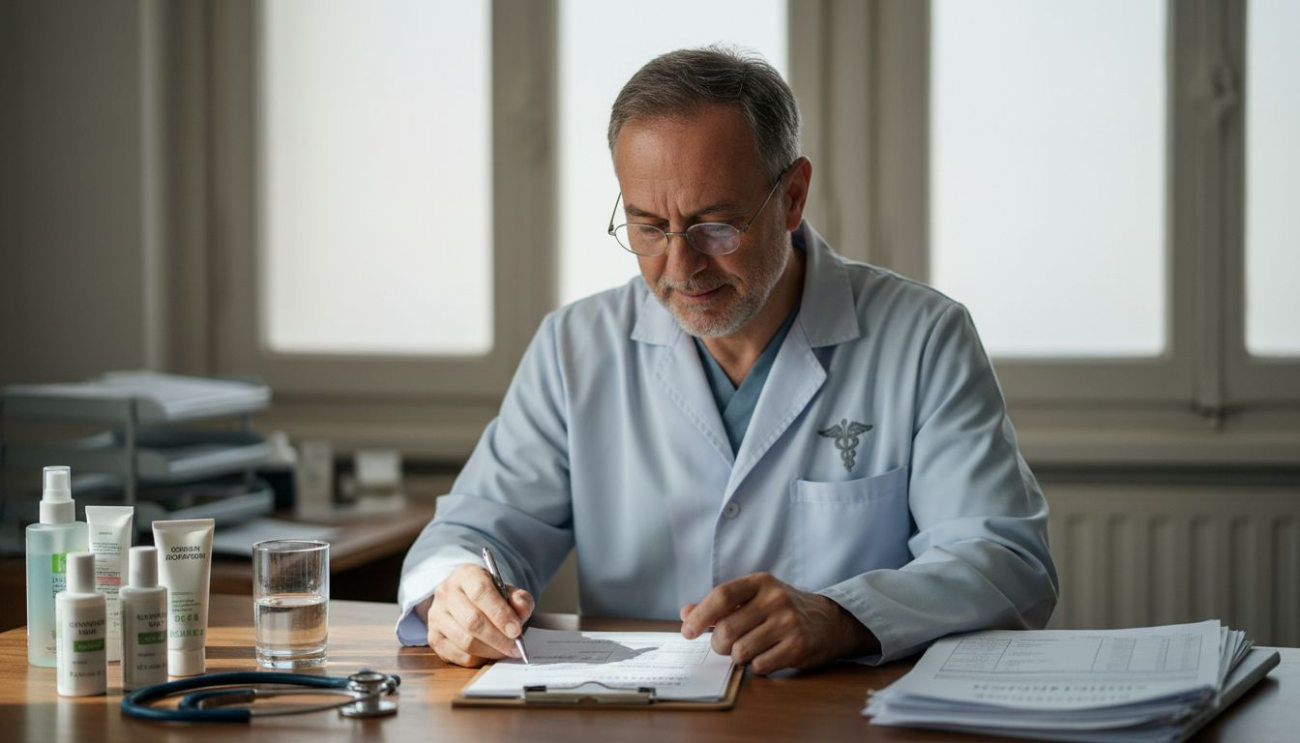 Δερματολόγος εξετάζει προσεκτικά τα έγγραφα που αφορούν την ασφάλεια των προϊόντων περιποίησης της επιδερμίδας.