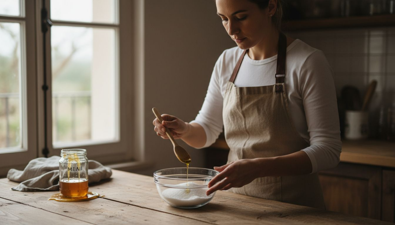 Μια γυναίκα ετοιμάζει σπιτικό scrub σώματος στην κουζίνα της, δοκιμάζοντας φυσικά υλικά για να φροντίσει το δέρμα της με τον πιο αγνό τρόπο.