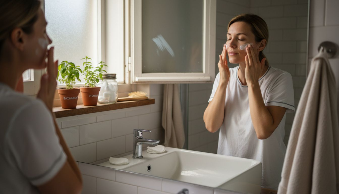 Μια γυναίκα ξεκινά τη μέρα της φροντίζοντας το πρόσωπό της με φυσικά, φυτικά καλλυντικά.