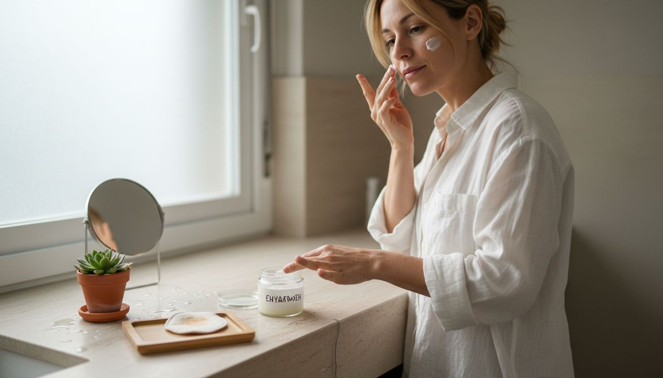 Μια γυναίκα περιποιείται το πρόσωπό της με φυσικά καλλυντικά, απολαμβάνοντας το φως ενός φωτεινού μπάνιου.