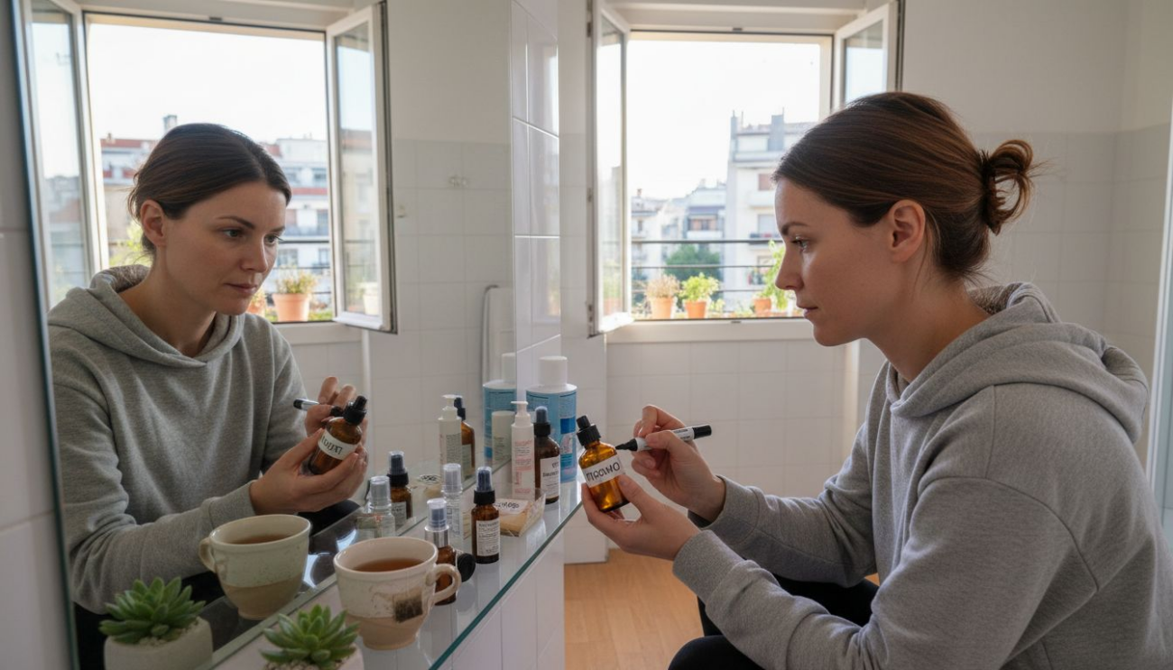 Μια γυναίκα διαβάζει προσεκτικά την ετικέτα ενός καλλυντικού προϊόντος πριν το αγοράσει.