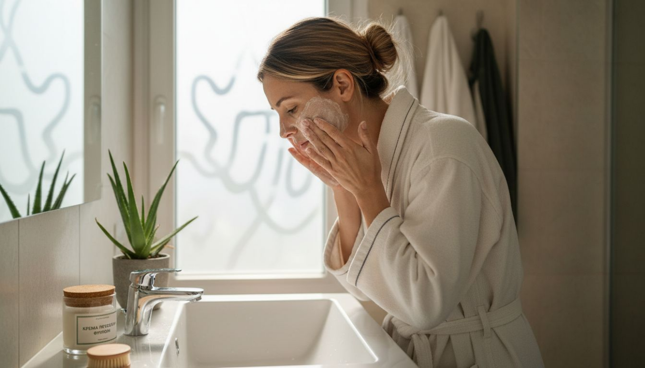Μια γυναίκα καθαρίζει απαλά το πρόσωπό της με φυσικό προϊόν, απολαμβάνοντας το πρωινό φως που μπαίνει από το παράθυρο του μπάνιου.
