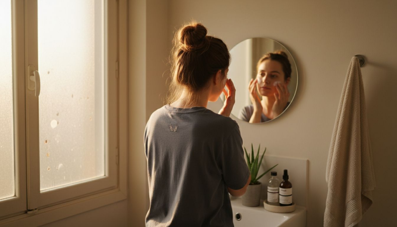 Μια γυναίκα φροντίζει το δέρμα της στο σπίτι, ακολουθώντας μια απλή και λιτή ρουτίνα περιποίησης.