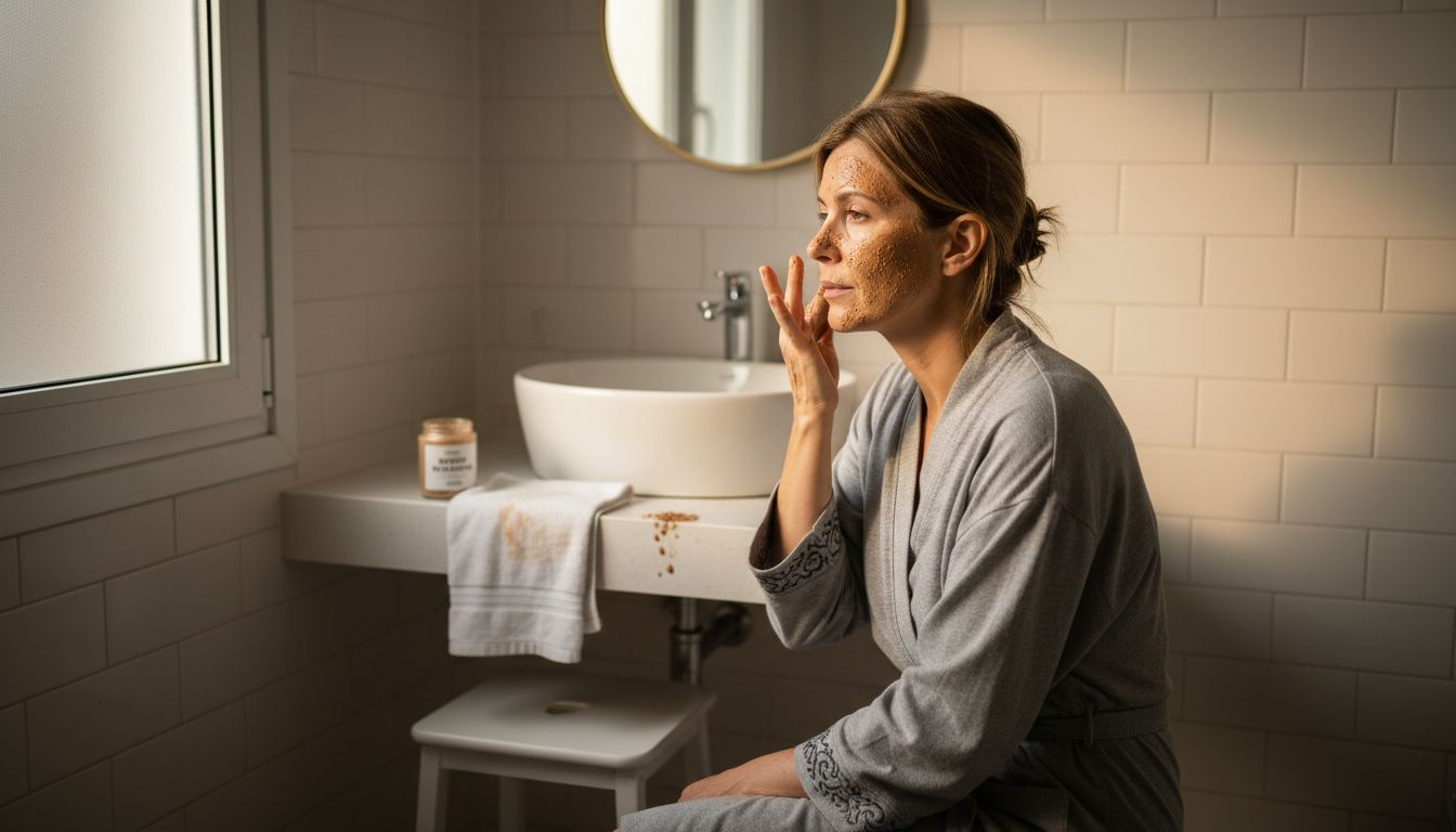 Γυναίκα περιποιείται το πρόσωπό της με φυσική μάσκα απολέπισης